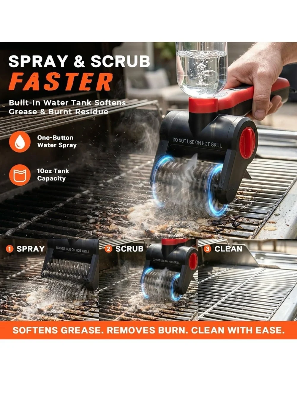 Electric grill brush 100W high power cordless BBQ cleaner with 300ml water spray